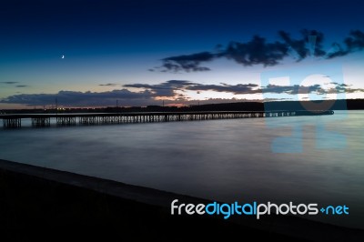 Horizontal Vivid Vibrant Sunset Pier Dock Background Backdrop Stock Photo