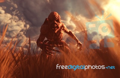 Horror Creatures In Grass Field,3d Illustration Stock Image