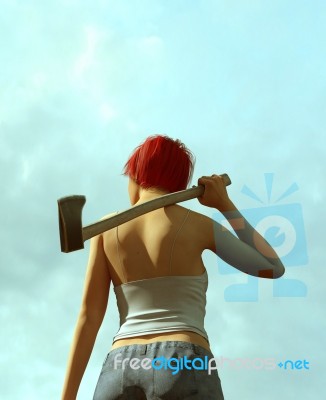 Horror Movie Scene Of Woman Carrying An Axe,3d Illustration Stock Image