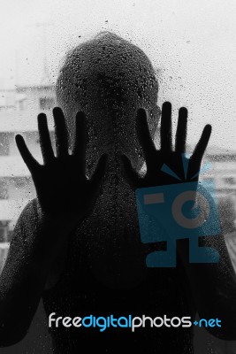 Horror Woman Behind The Matte Glass ,style  Black And White, Blurry Hand And Body , Soft Focus Stock Photo