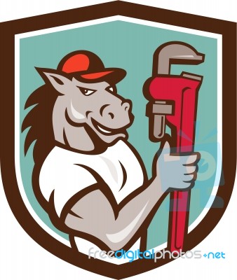 Horse Plumber  Monkey Wrench Crest Cartoon Stock Image