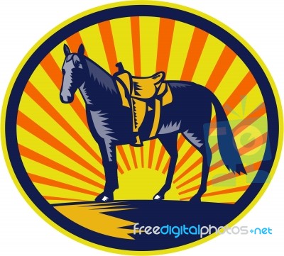 Horse Western Saddle Oval Woodcut Stock Image