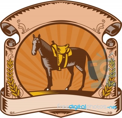 Horse Western Saddle Scroll Woodcut Stock Image