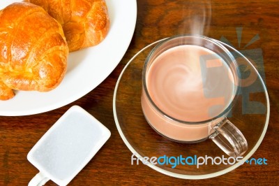 Hot Chocolate And Criossants Stock Photo