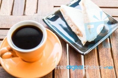 Hot Coffee Cup And Sandwiches Stock Photo