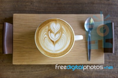 Hot Coffee Late Art On Wooden Tray Stock Photo