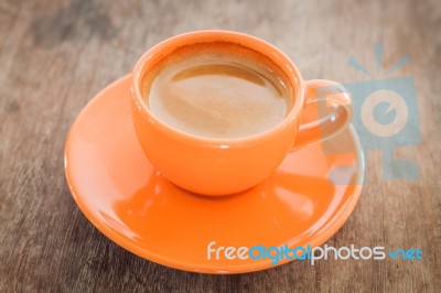 Hot Coffee On Wooden Table Stock Photo