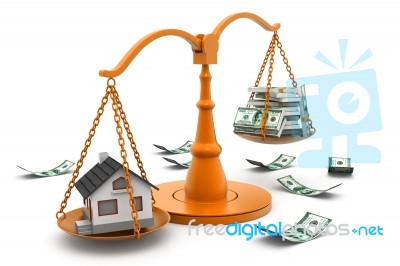 House And Money On Scale. (real Estate Concept) Stock Image