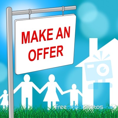 House Offer Sign Indicates Display Offering And Housing Stock Image