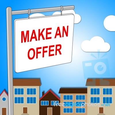 House Offer Sign Represents Displaying Bungalow And Proposal Stock Image