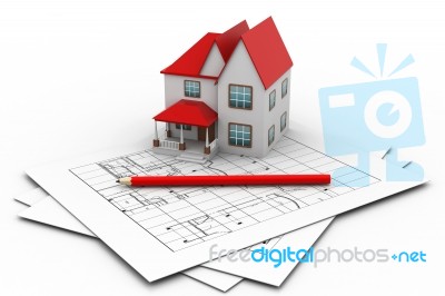 House On A Blueprint Stock Image