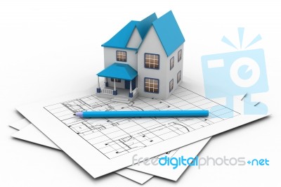 House On Blueprint Stock Image