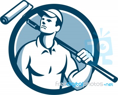 House Painter Holding Paint Roller Circle Retro Stock Image
