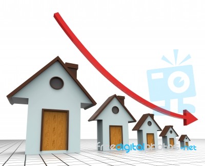 House Prices Decreasing Shows Real Estate Agent And Buildings Stock Image