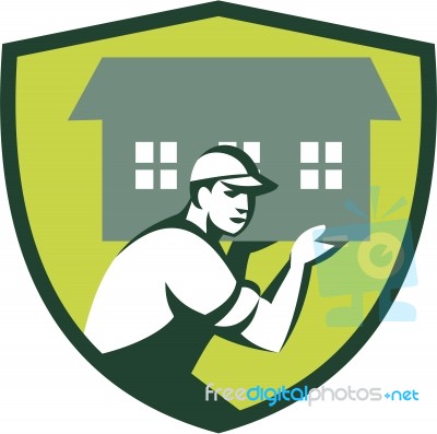 House Remover Carrying House Shoulder Crest Retro Stock Image