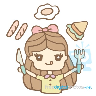 Hungry Girl Ready To Eat, Cartoon Illustration Stock Image - Royalty Free  Image ID 100169684