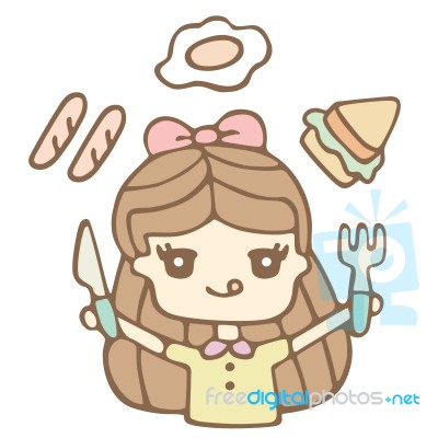 Hungry Girl Ready To Eat, Cartoon Illustration Stock Image