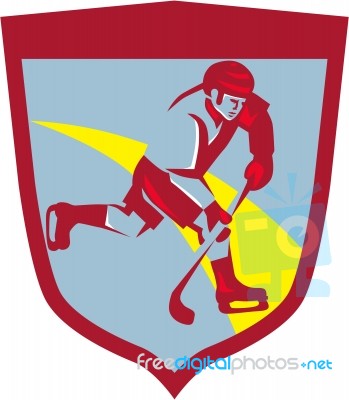 Ice Hockey Player Running Stick Shield Retro Stock Image