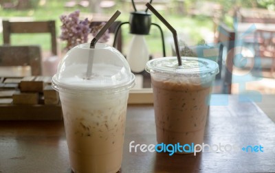 Iced Coffee Take Away Glass On Wooden Table Stock Photo