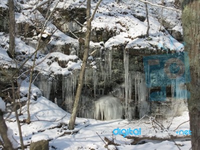 Icicled Cliffs Of Bucks County, PA Stock Photo