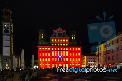 Illuminated Town Hall And Perlach Tower Of Augsburg, Germany Stock Photo