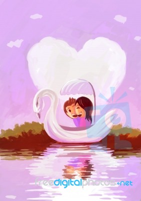 Illustration Digital Painting Couple Swan Boat Stock Image