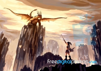 Illustration Digital Painting Dragon Hunting Stock Image