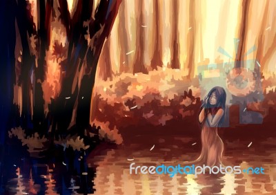 Illustration Digital Painting Girl In Lake Stock Image