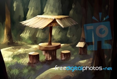Illustration Digital Painting Hut In Forest Stock Image