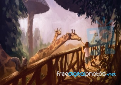 Illustration Digital Painting Kid Giraffe Stock Image