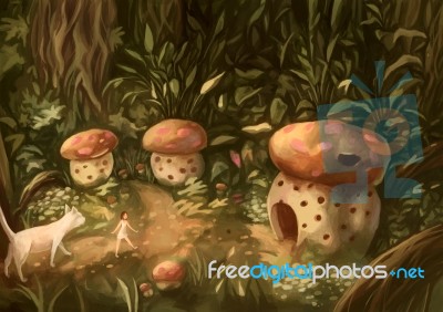 Illustration Digital Painting Mushroom House Stock Image