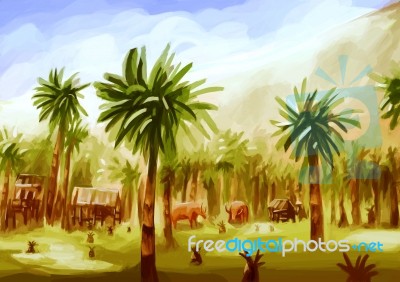 Illustration Digital Painting Rural Landscape Stock Image