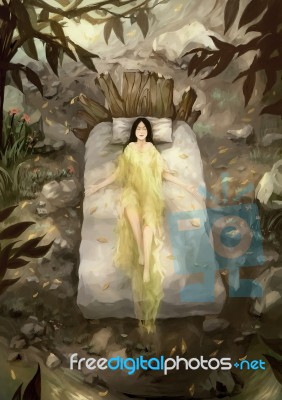 Illustration Digital Painting Sleeping In Forest Stock Image