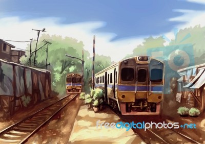 Illustration Digital Painting Train Landscape Stock Image