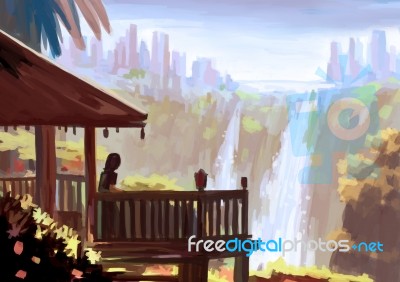 Illustration Digital Painting Waterfall View Stock Image