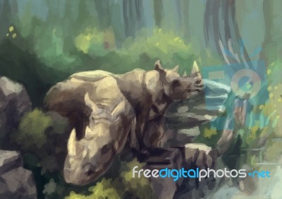Illustration Digital Painting Wild Rhinoceros Stock Image
