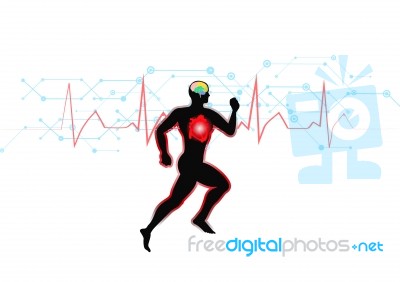 Illustration Of Black Man Running On Moving Heart And Technological Background Stock Image