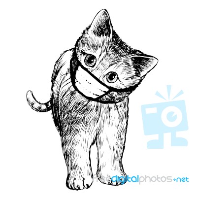 Illustration Of Cat With Mask Hand Drawn Stock Image