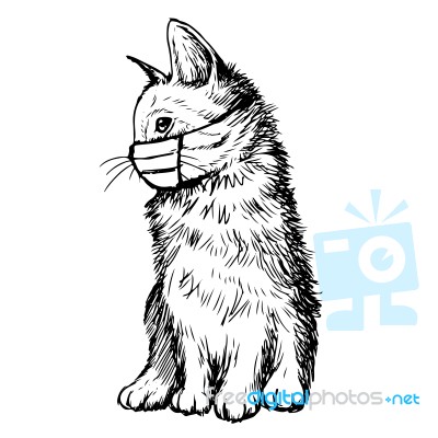 Illustration Of Cat With Mask Hand Drawn Stock Image