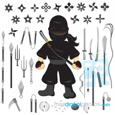 Illustration Of Character Ninja And Weapon, Cartoon Stock Image