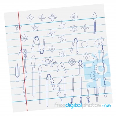 Illustration Of Ninja Weapon On Paper, Cartoon Stock Image