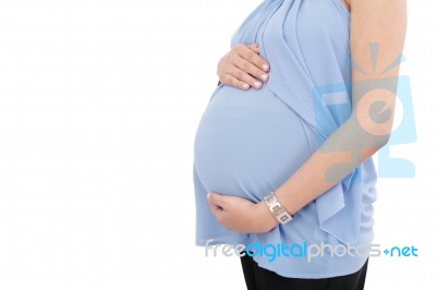 Image Of Pregnant Woman Touching Her Belly With Hands Isolated O… Stock Photo