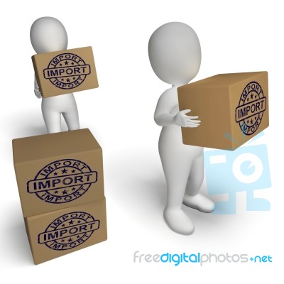 Import Stamp On Boxes Shows Importing Goods And Commodities Stock Image