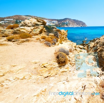 In Greece The Mykonos Island Rock Sea And Beach Blue   Sky Stock Photo