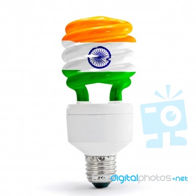India Flag On Energy Saving Lamp Stock Photo
