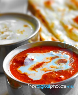 Indian Curry Raitha And Roti Closeup  Stock Photo