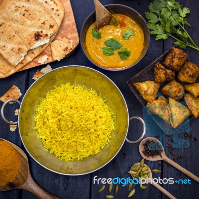 Indian Pilau Rice In Balti Dish Served With Chicken Tikka Masala… Stock Photo Indian Pilau Rice In Balti Dish Served With Chicken Tikka Masala… Stock Photo