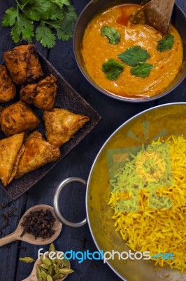 Indian Pilau Rice In Balti Dish Served With Chicken Tikka Masala… Stock Photo Indian Pilau Rice In Balti Dish Served With Chicken Tikka Masala… Stock Photo