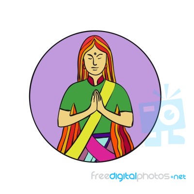Indian Woman Hands Together Namaste Mono Line Stock Image
