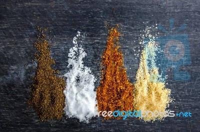 Ingredients And Condiment On Table Stock Photo